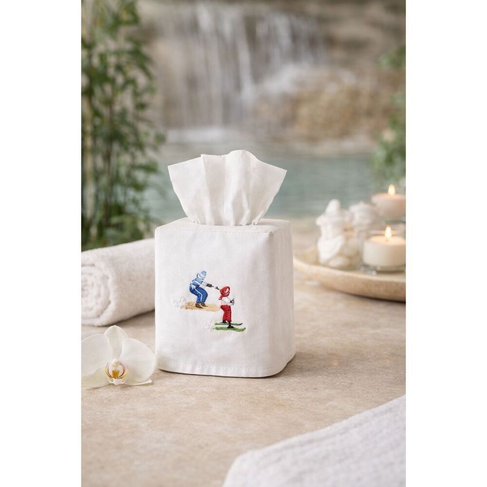 Anthropologie Hand-Embroidered Skiers Tissue Box Cover | Cotton Icon Decor, NWT